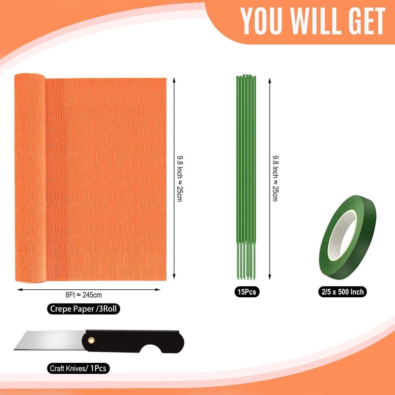 VNAKER Crepe Paper Roll Red Orange, 9.8Inch x 8.2Ft/3Rolls Crepe Paper Sheet for Flower Making, Valentine's Day, Wedding Ceremony, Birthday Holiday Halloween Thanksgiving Party Decoration,DIY Craft - Image 2